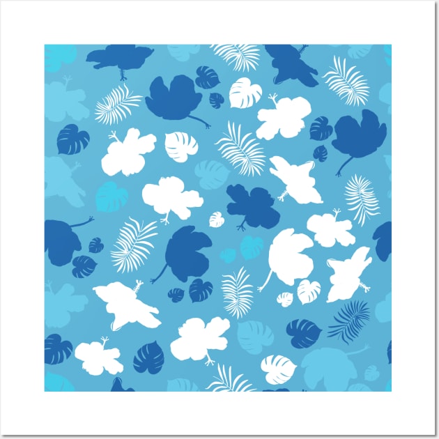 Hand drawn hibiscus, tropical leaves blue and white seamless summer time for fabric design Wall Art by GULSENGUNEL